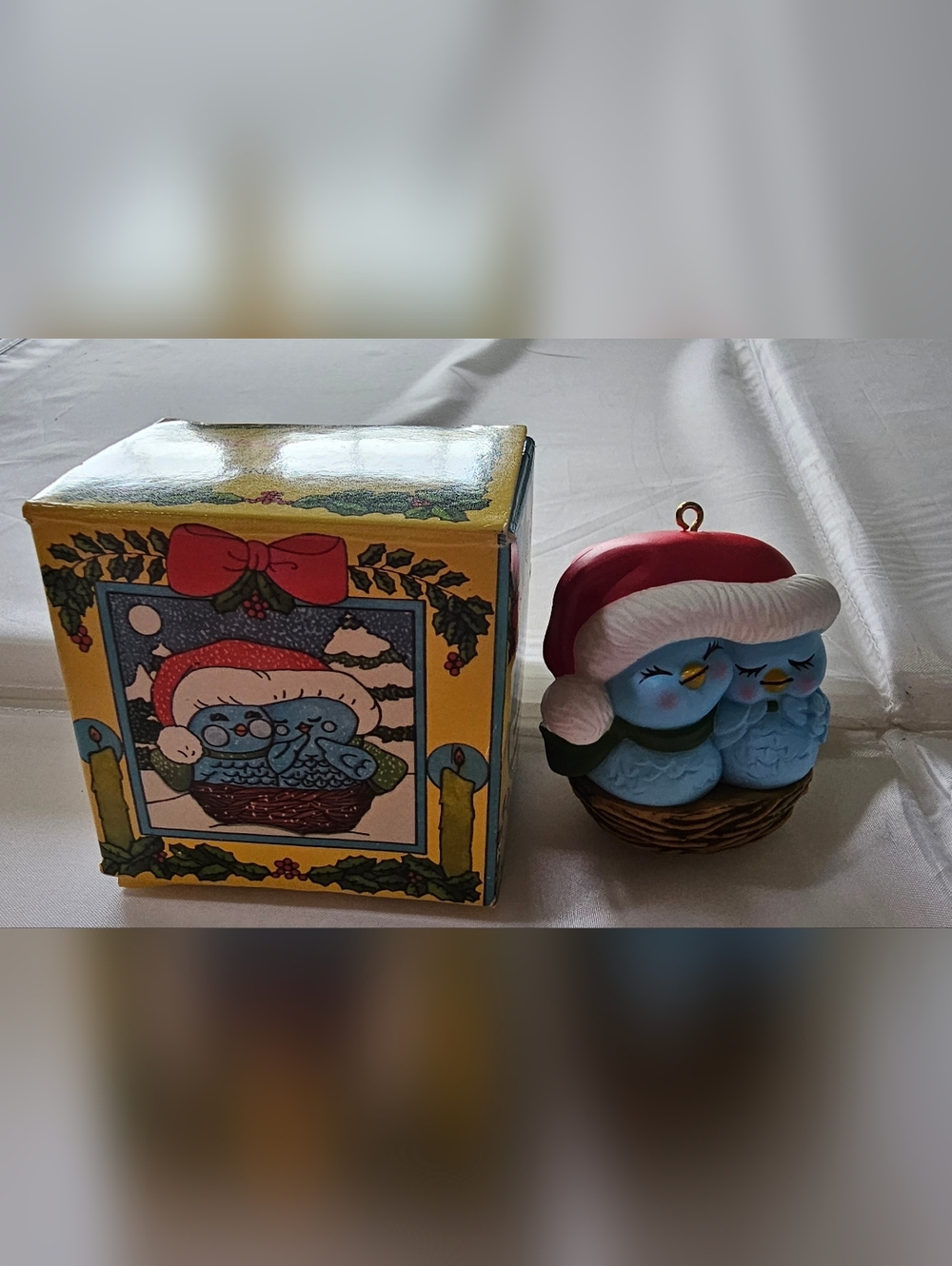 Avon Blue Bird in Santa Hat Holiday Ornament - Blue, Red, White